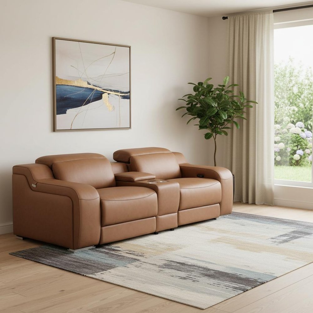 89" Cognac and Silver Italian Leather Power Reclining Loveseat With Storage