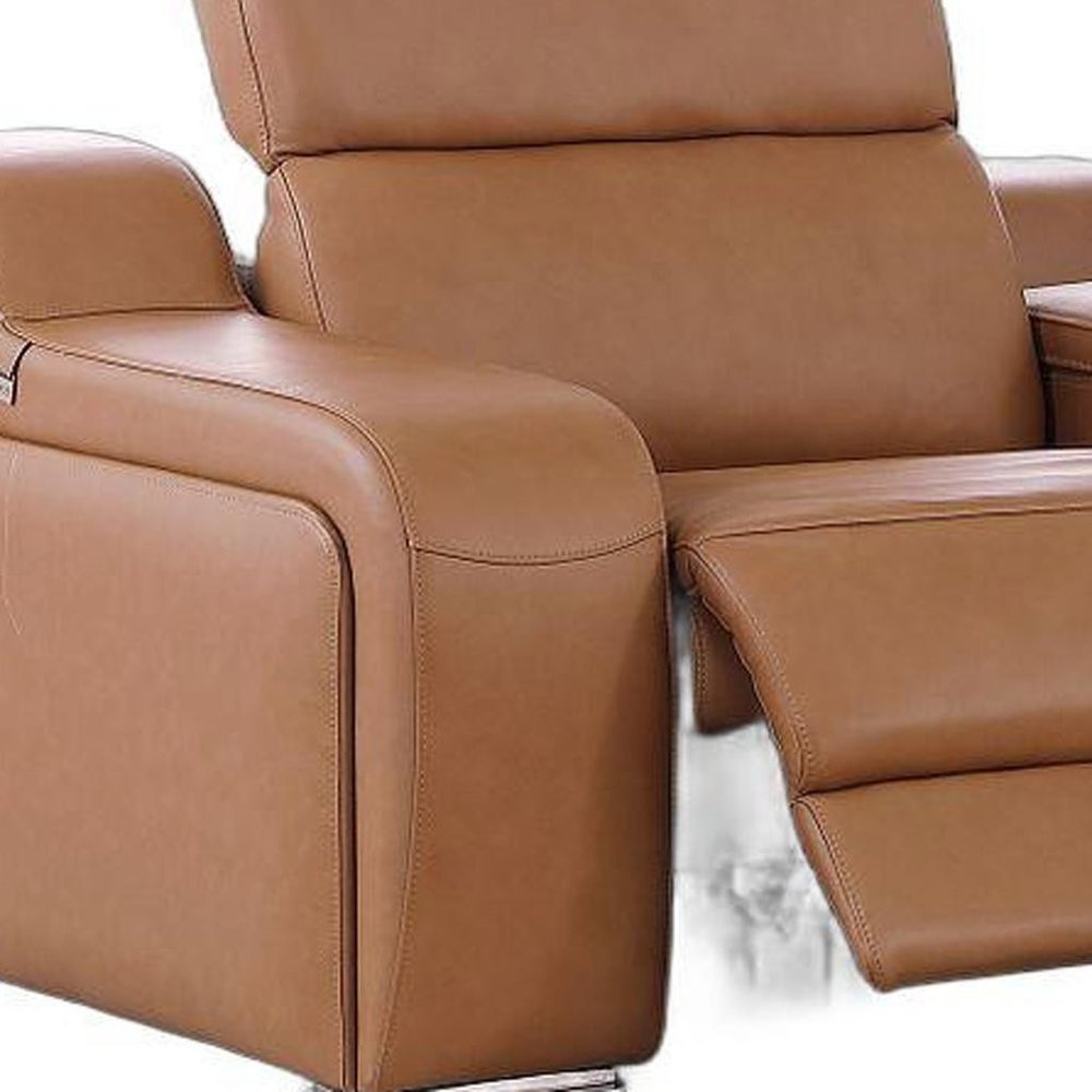 89" Cognac and Silver Italian Leather Power Reclining Loveseat With Storage — view 2