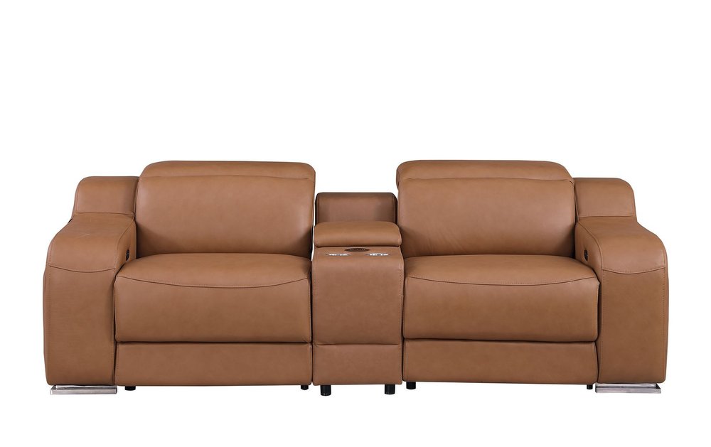 89" Cognac and Silver Italian Leather Power Reclining Loveseat With Storage — view 4