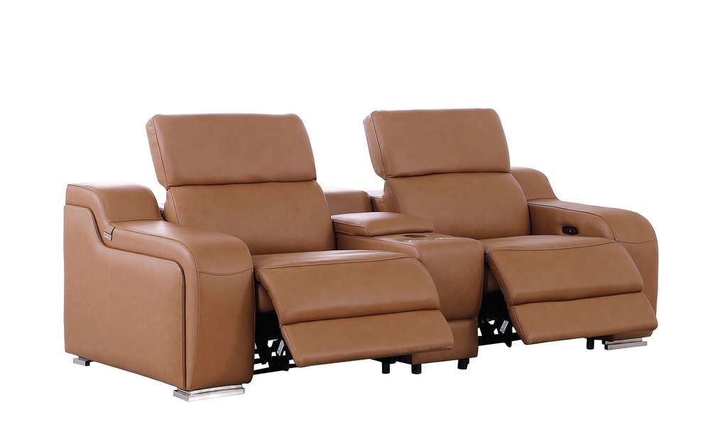 89" Cognac and Silver Italian Leather Power Reclining Loveseat With Storage — view 6