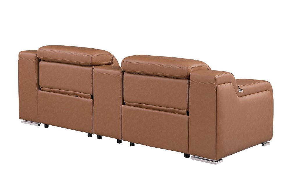 89" Cognac and Silver Italian Leather Power Reclining Loveseat With Storage — view 7