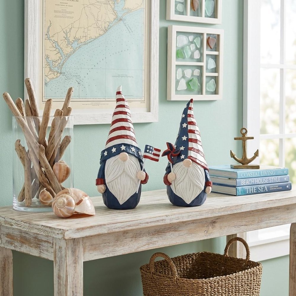 Set of Two Red White And Blue Polyresin Standing Gnomes HomeRoots