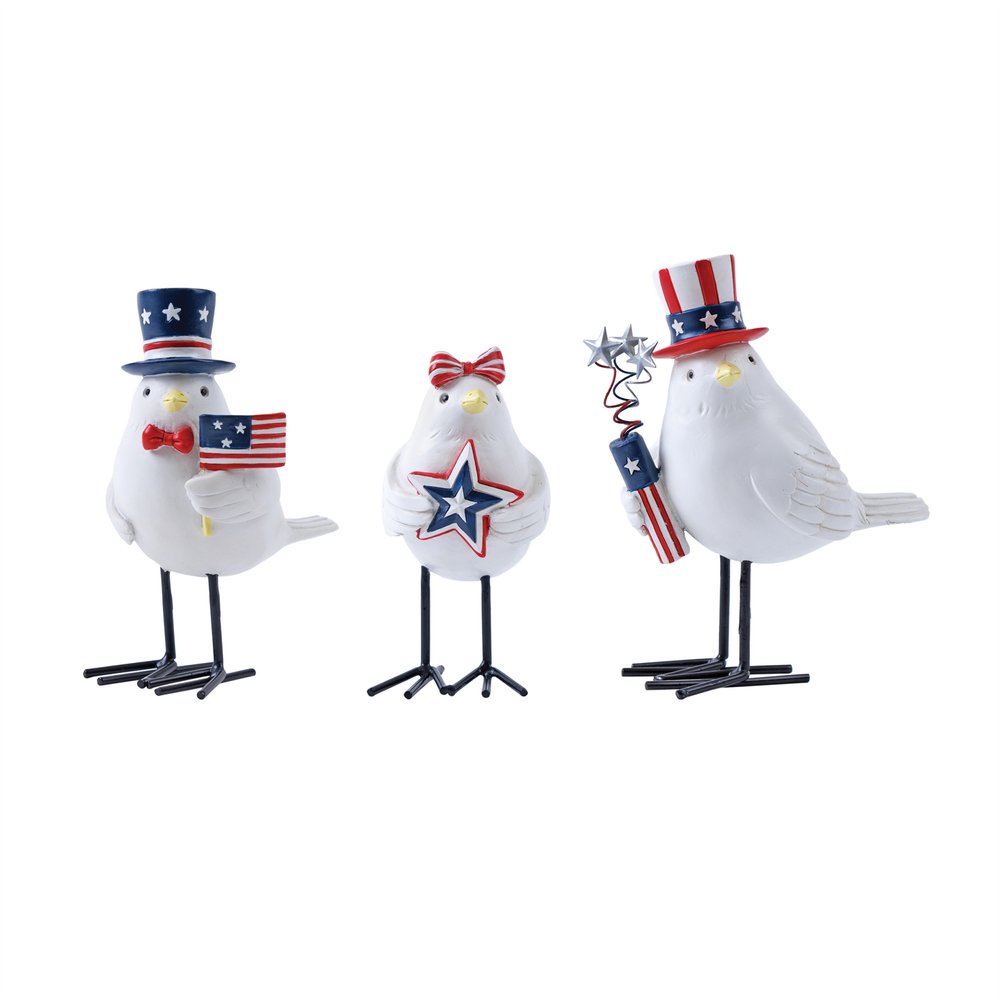 Set of Three Red White And Blue Polyresin Americana Bird Figurines HomeRoots