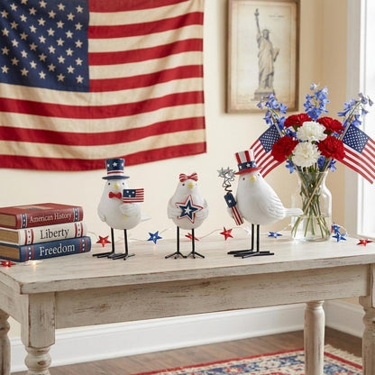 Set of Three Red White And Blue Polyresin Americana Bird Figurines HomeRoots