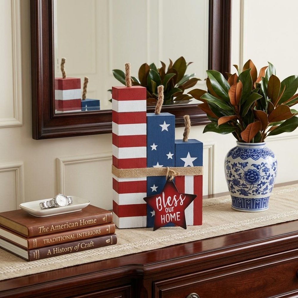 14" Red White And Blue Bless Our Home Tabletop Sign HomeRoots