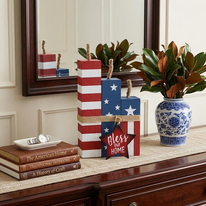 14" Red White And Blue Bless Our Home Tabletop Sign HomeRoots