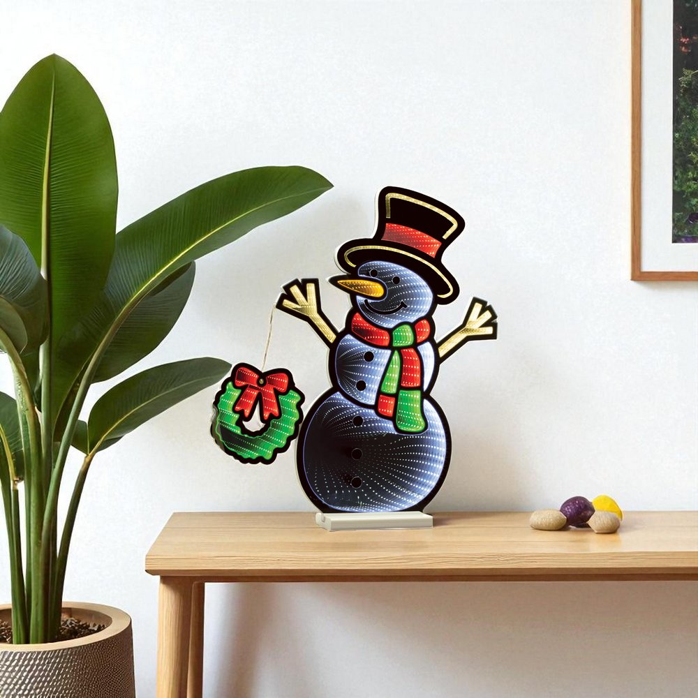 24" White Red And Green Acrylic Christmas Snowman Tabletop Sign with LED HomeRoots