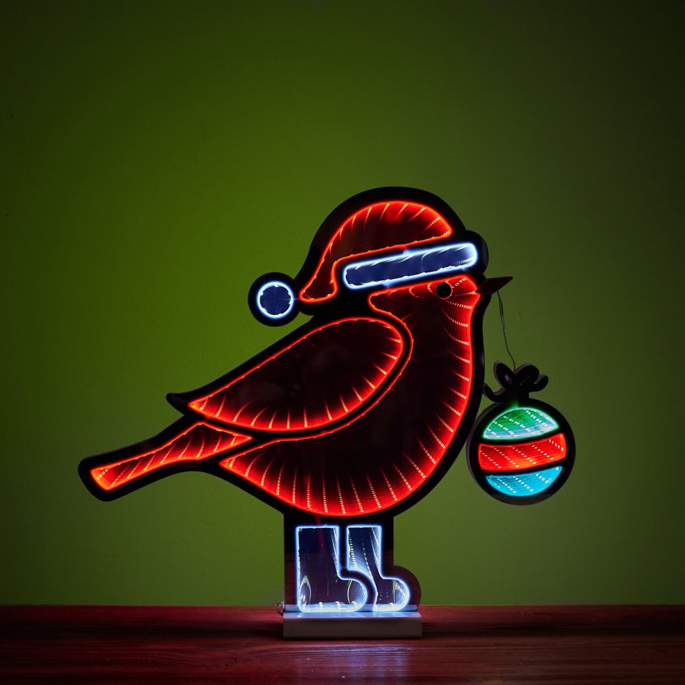 16" Red White And Green Acrylic Bird Christmas Tabletop Sign with LED HomeRoots