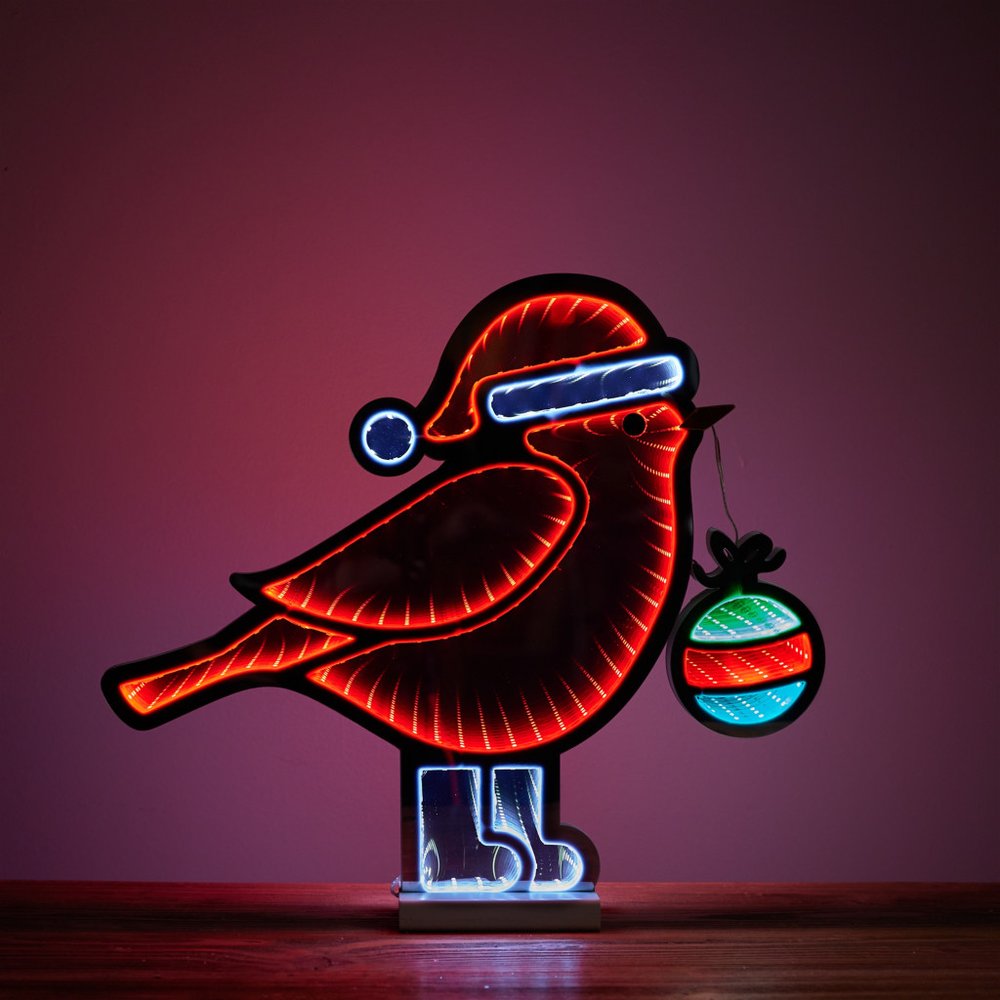 16" Red White And Green Acrylic Bird Christmas Tabletop Sign with LED HomeRoots