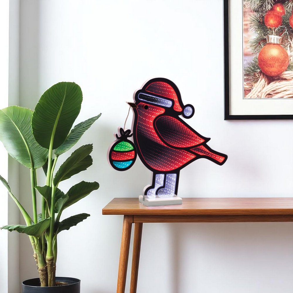 16" Red White And Green Acrylic Bird Christmas Tabletop Sign with LED HomeRoots