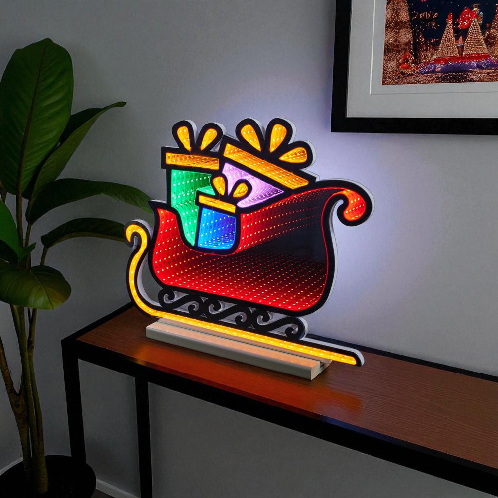 15" Green Orange And Red Acrylic Christmas Tabletop Sign with LED HomeRoots