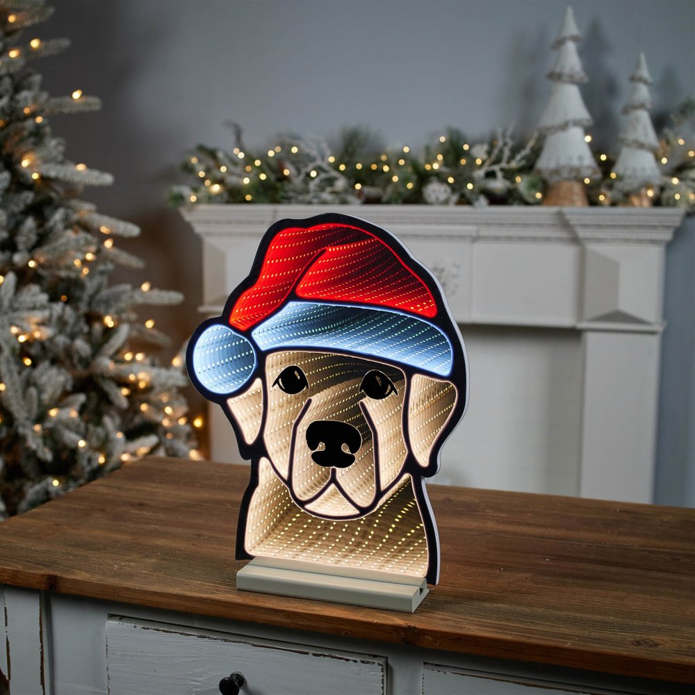 17" Beige And Red Acrylic Dog Christmas Tabletop Sign with LED HomeRoots