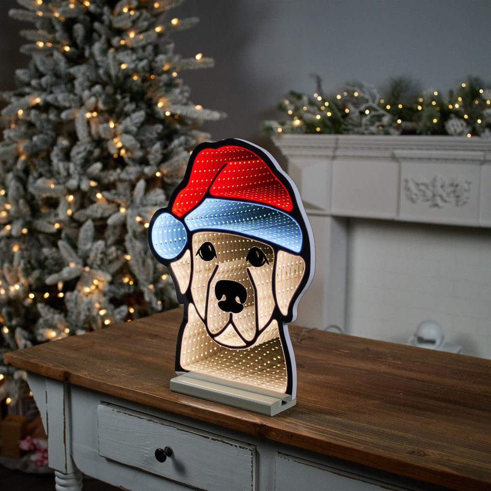 17" Beige And Red Acrylic Dog Christmas Tabletop Sign with LED HomeRoots