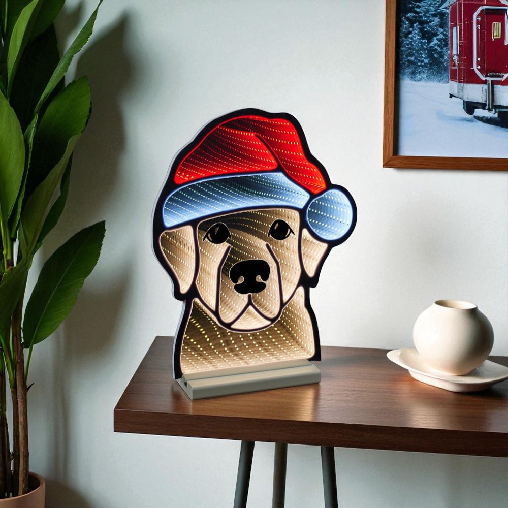 17" Beige And Red Acrylic Dog Christmas Tabletop Sign with LED HomeRoots
