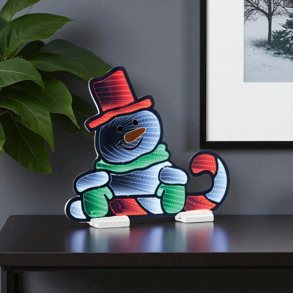 18" White Red And Green Acrylic Christmas Snowman Tabletop Sign with LED HomeRoots