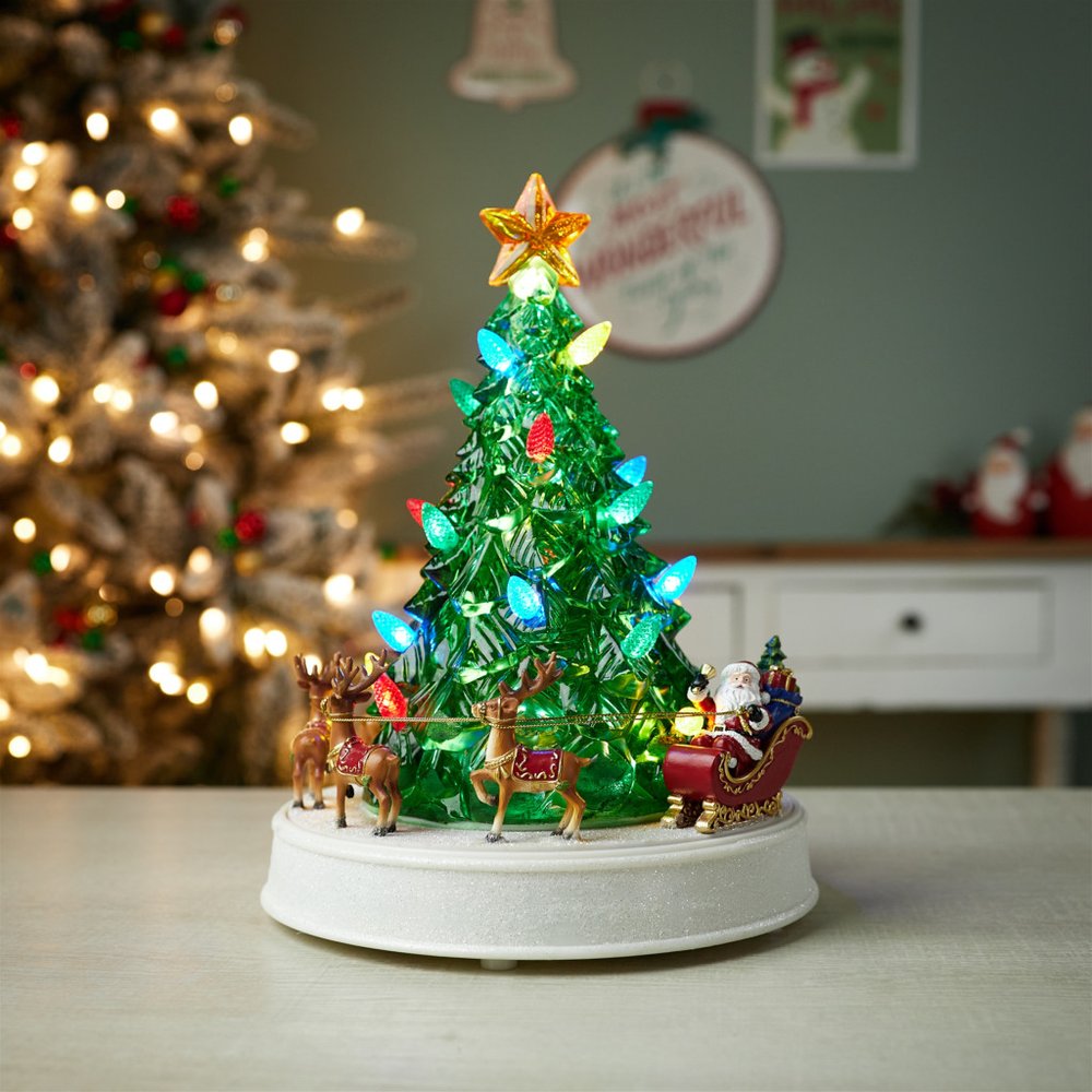 11" Red And Brown Plastic Trees Christmas Christmas Tree Tabletop Sculpture with LED HomeRoots