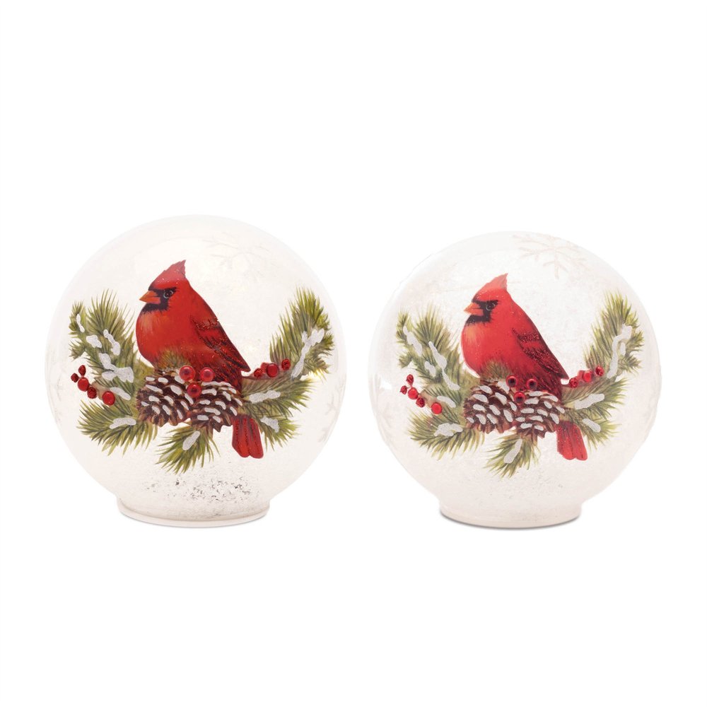 Set of Two White And Red Glass Bird Tabletop Sculpture with LED HomeRoots