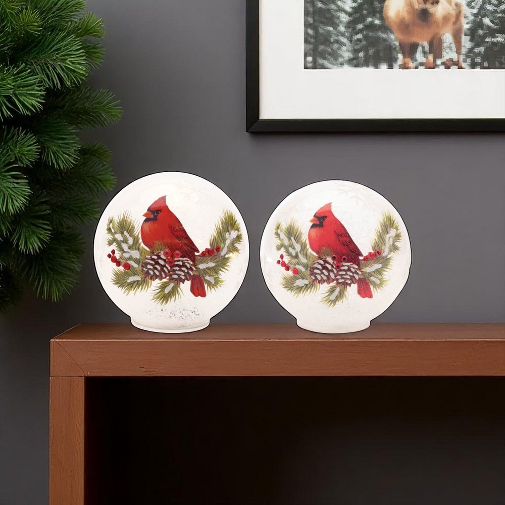 Set of Two White And Red Glass Bird Tabletop Sculpture with LED HomeRoots