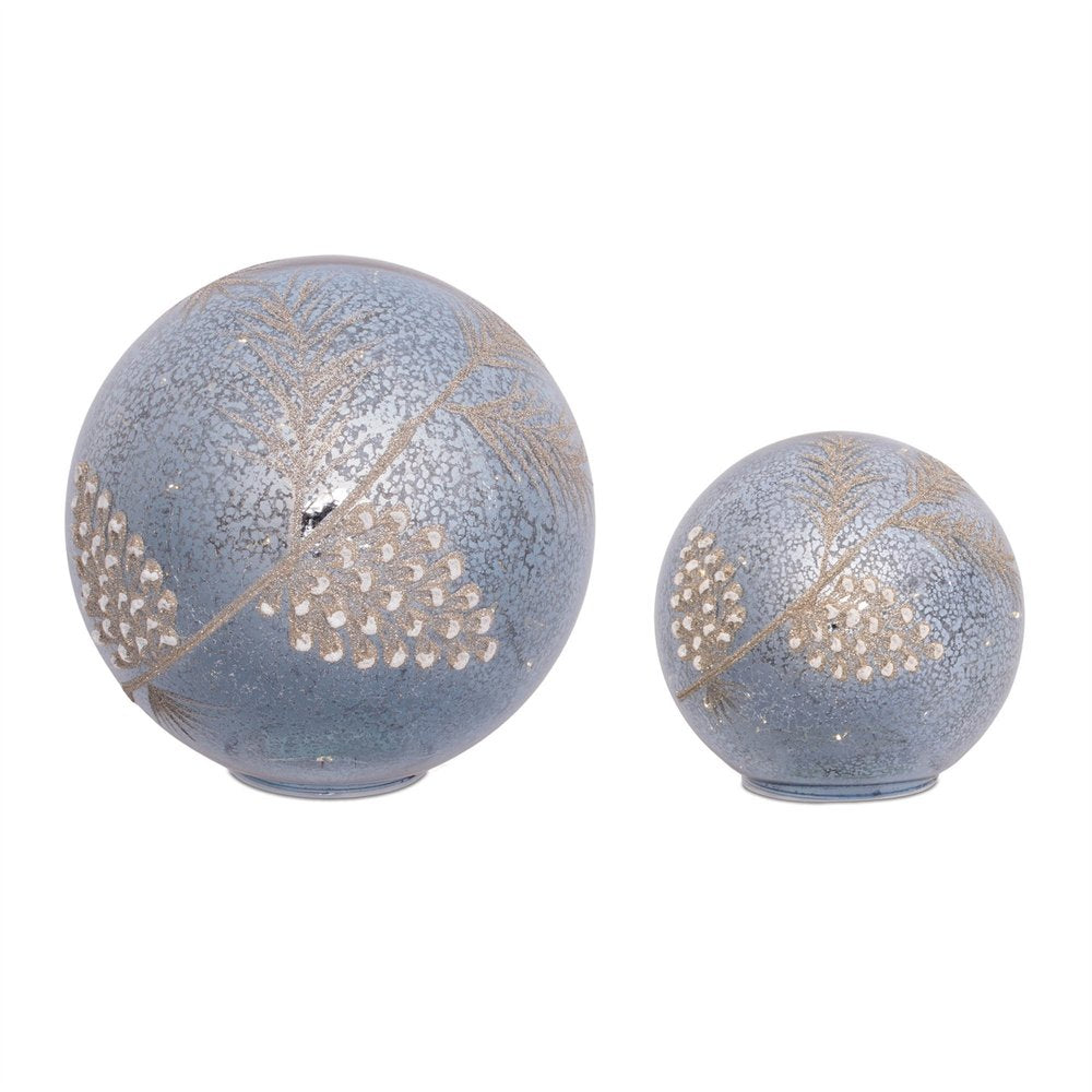 Set of Two Blue And Gray Glass Pinecone Tabletop Sculpture with LED HomeRoots