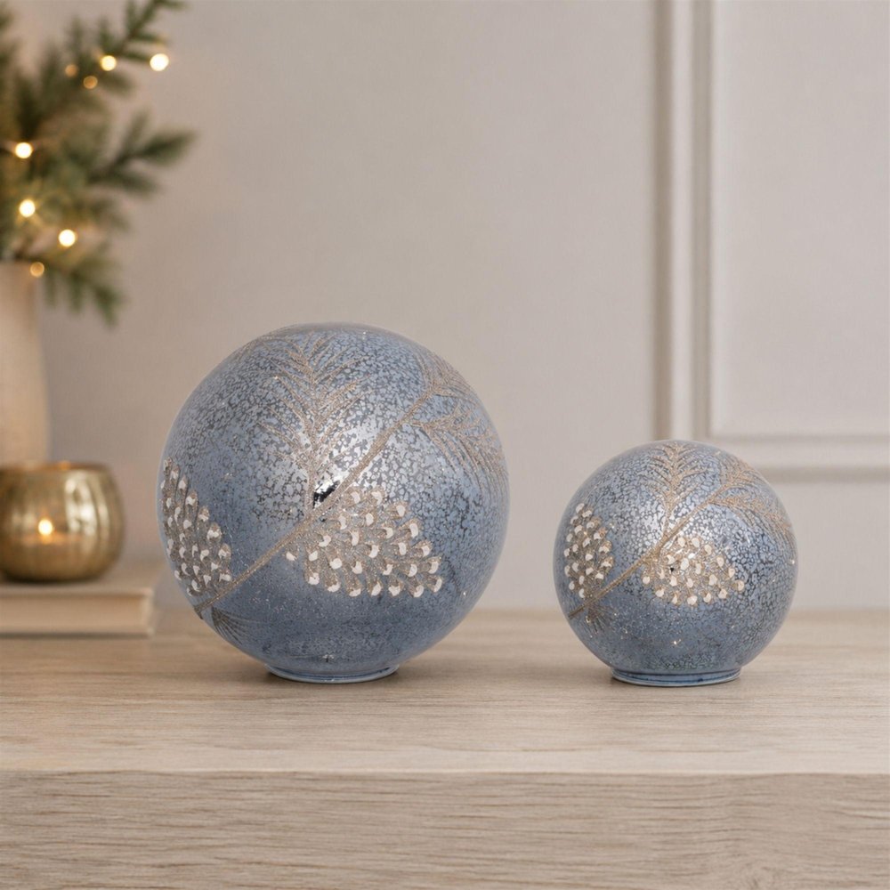 Set of Two Blue And Gray Glass Pinecone Tabletop Sculpture with LED HomeRoots