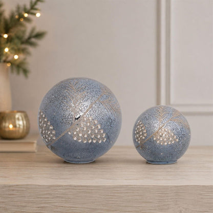 Set of Two Blue And Gray Glass Pinecone Tabletop Sculpture with LED HomeRoots