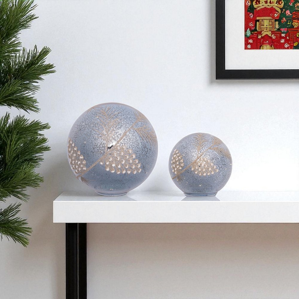 Set of Two Blue And Gray Glass Pinecone Tabletop Sculpture with LED HomeRoots