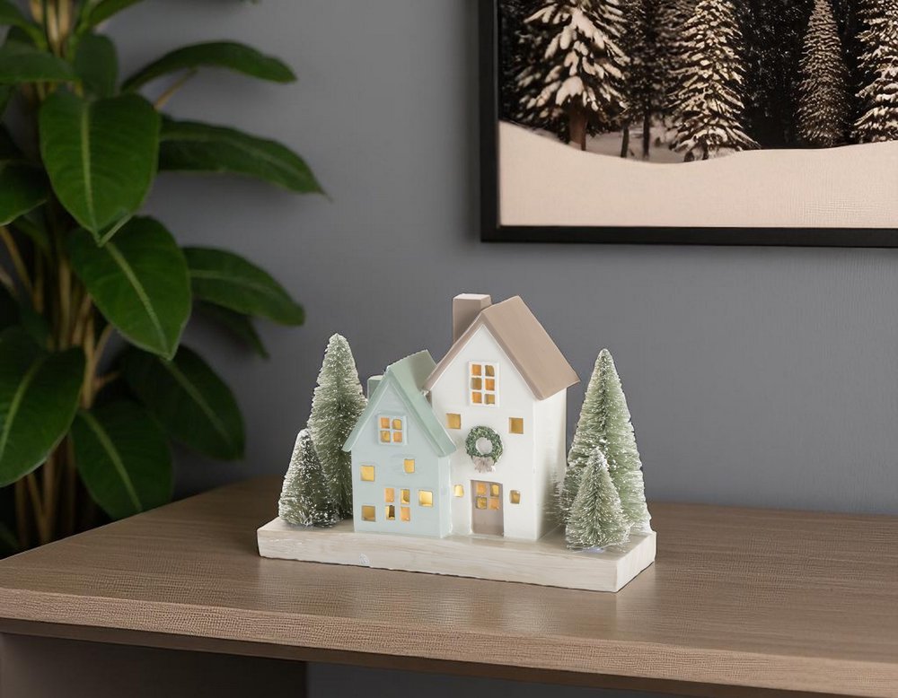 5" Gray Green And White Resin House Tabletop Sculpture with LED HomeRoots
