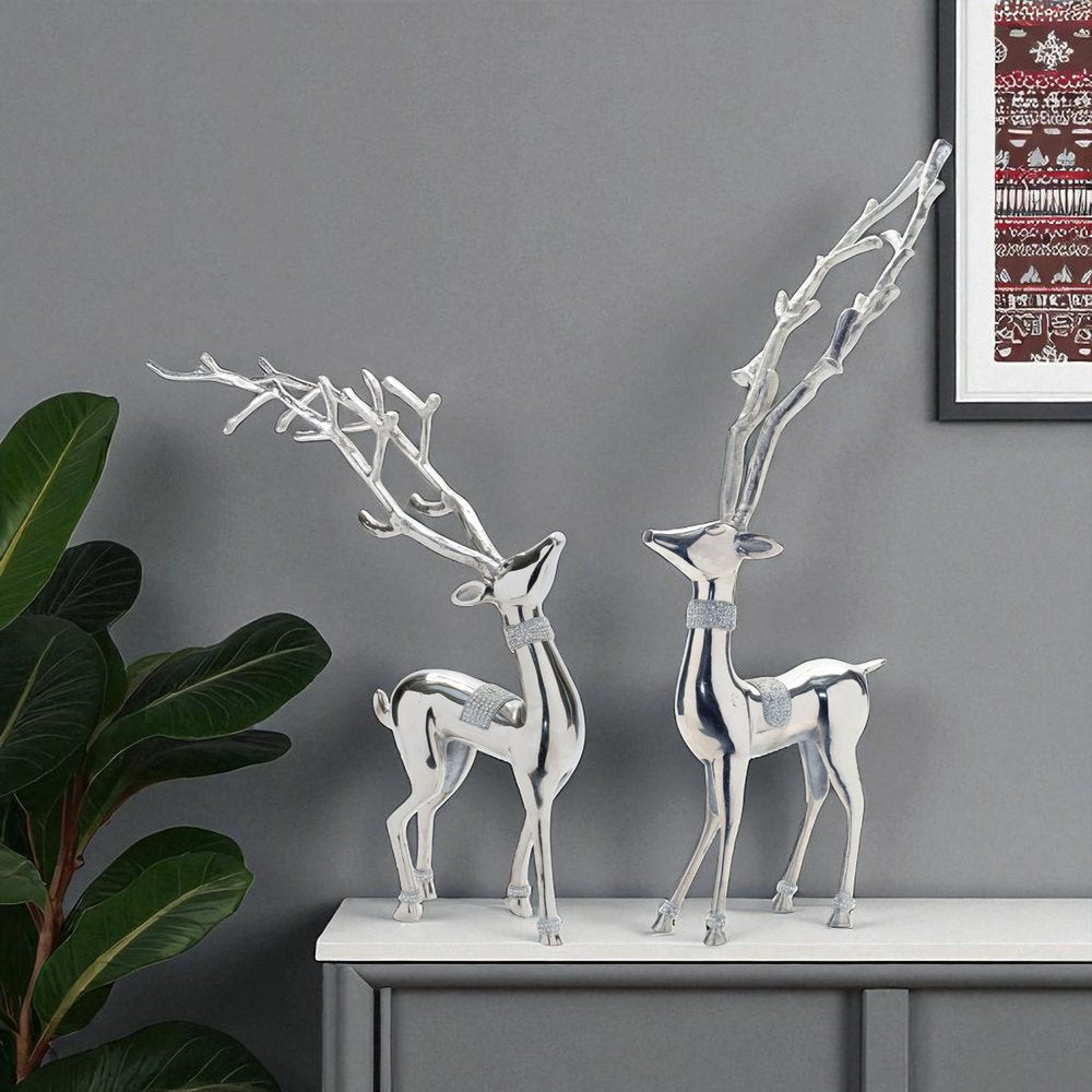 Set of Two Silver Aluminum Deer Tabletop Sculpture HomeRoots