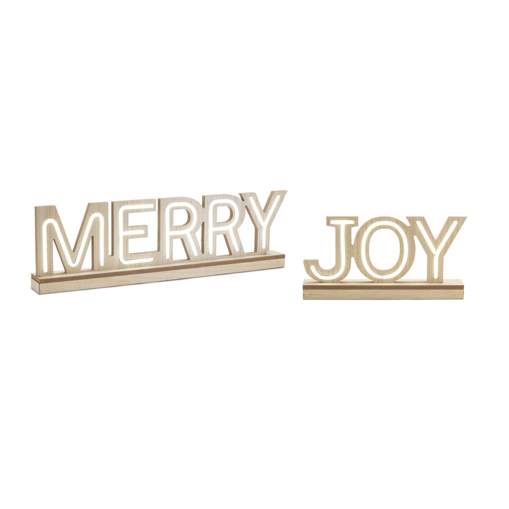 Set of Two Beige And White Christmas Tabletop Sign with LED HomeRoots