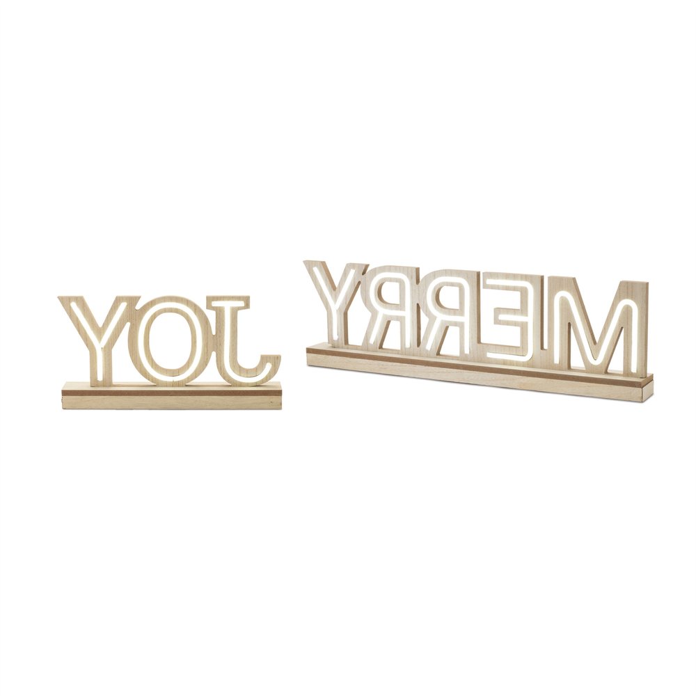 Set of Two Beige And White Christmas Tabletop Sign with LED HomeRoots
