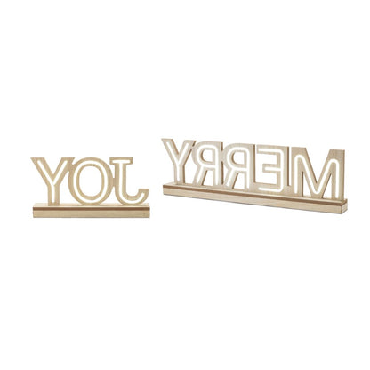 Set of Two Beige And White Christmas Tabletop Sign with LED HomeRoots