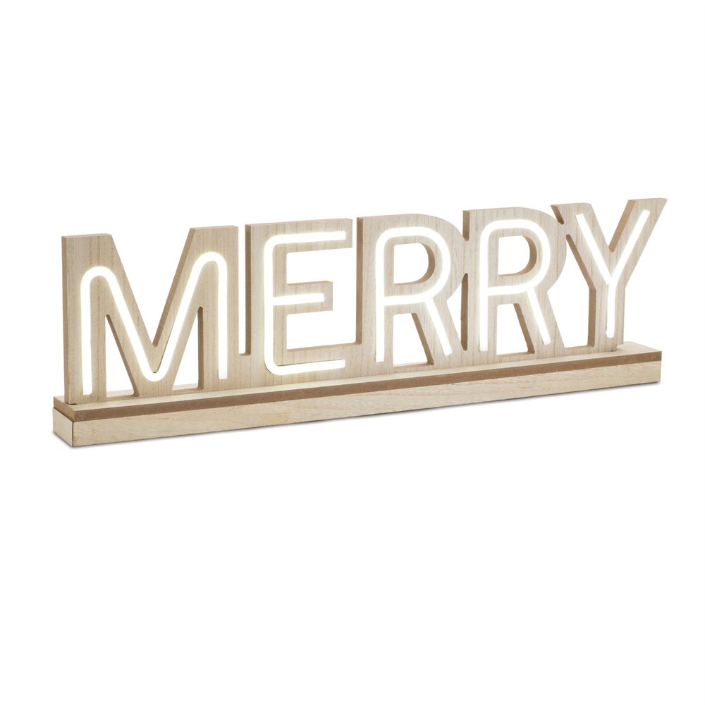 Set of Two Beige And White Christmas Tabletop Sign with LED HomeRoots