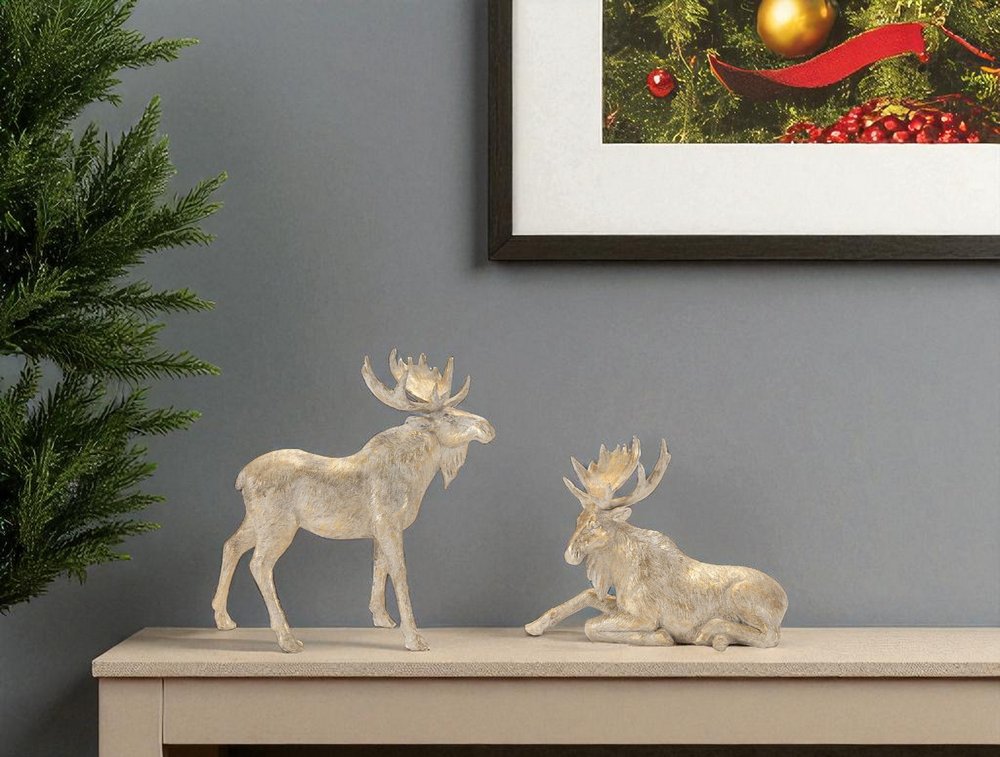 Set of Two Gold And Beige Polyresin Moose Christmas Figurine HomeRoots