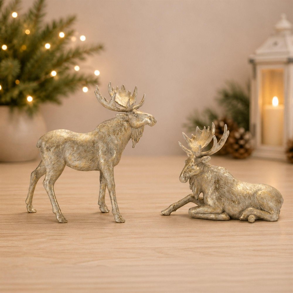 Set of Two Gold And Beige Polyresin Moose Christmas Figurine HomeRoots