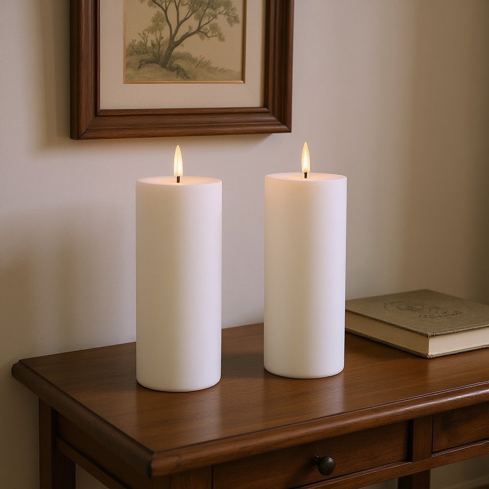 Set of Two White Unscented Candle Flameless Pillar Candles HomeRoots