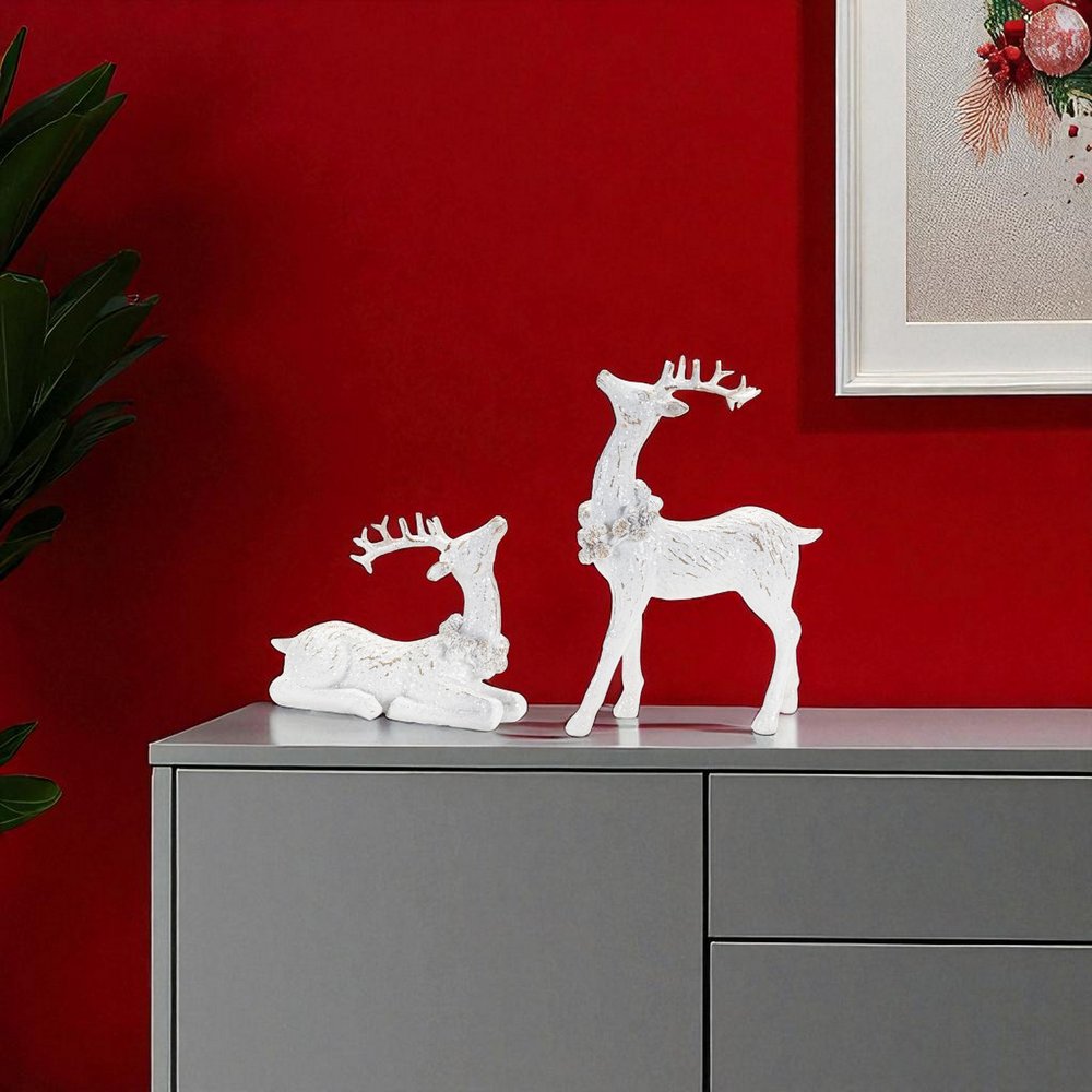 Set of Two White Polyresin Deer Christmas Figurine HomeRoots
