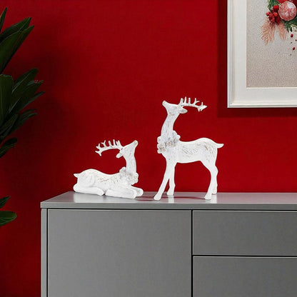 Set of Two White Polyresin Deer Christmas Figurine HomeRoots