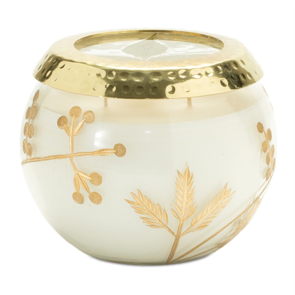 5" White Juniper Scented Two Wick Candle In Clear And Gold Glass Leaf Holder HomeRoots