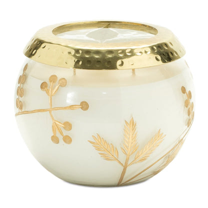 5" White Juniper Scented Two Wick Candle In Clear And Gold Glass Leaf Holder HomeRoots