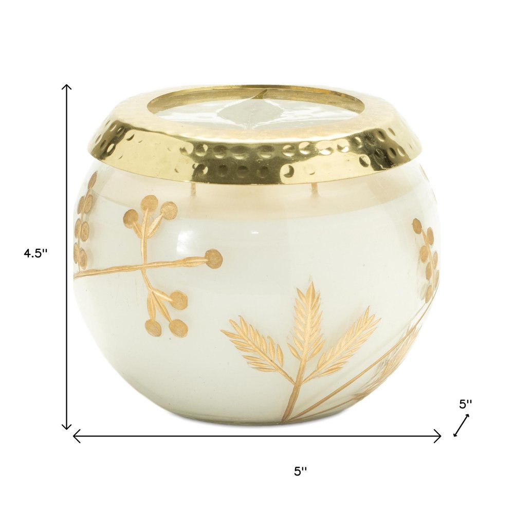 5" White Juniper Scented Two Wick Candle In Clear And Gold Glass Leaf Holder HomeRoots