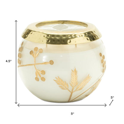 5" White Juniper Scented Two Wick Candle In Clear And Gold Glass Leaf Holder HomeRoots