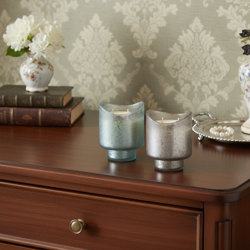 Set of Two White Currant Scented Two Wick Candles In Frosted Glass Holders HomeRoots
