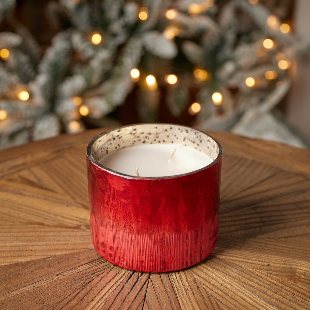 4" White Cranberry Scented Two Wick Candle In Red Distressed Frosted Glass Holder HomeRoots