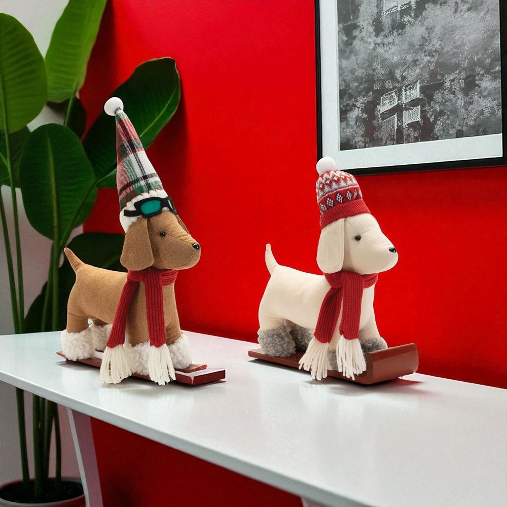 Set of Two Red White And Green Fabric Dog Figurine HomeRoots