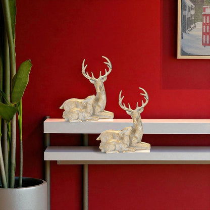 Set of Two Gold And White Polyresin Deer Christmas Figurine HomeRoots