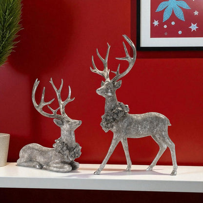 Set of Two Silver And Black Polyresin Deer Christmas Figurine HomeRoots