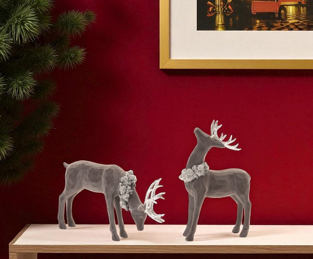 Set of Two Gray Resin Deer Christmas Figurine HomeRoots