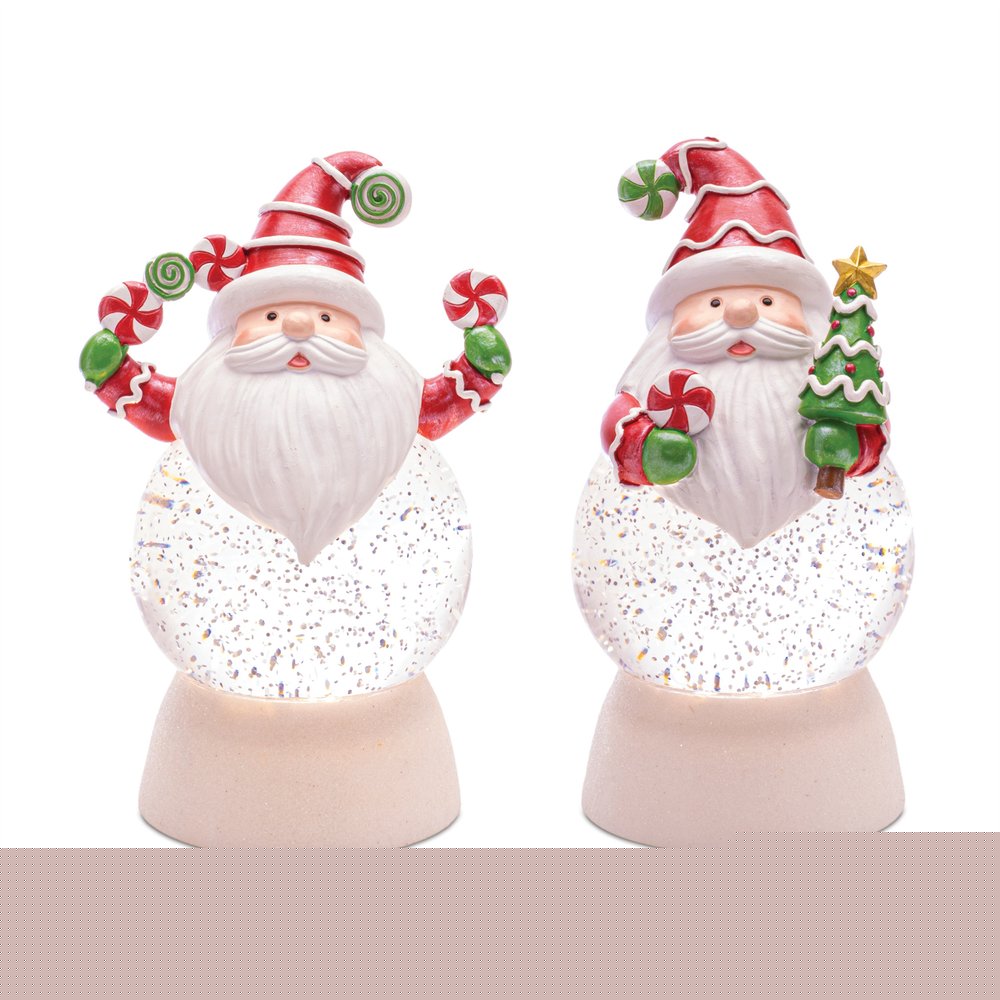 Set of Two White Green And Red Plastic Christmas Santa Tabletop Sculpture with LED HomeRoots