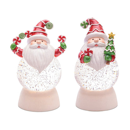 Set of Two White Green And Red Plastic Christmas Santa Tabletop Sculpture with LED HomeRoots