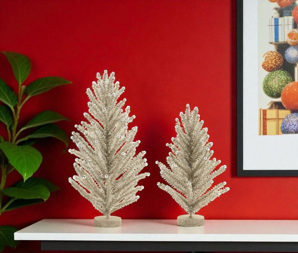 Set of Two Silver Plastic Trees Tabletop Sculpture HomeRoots